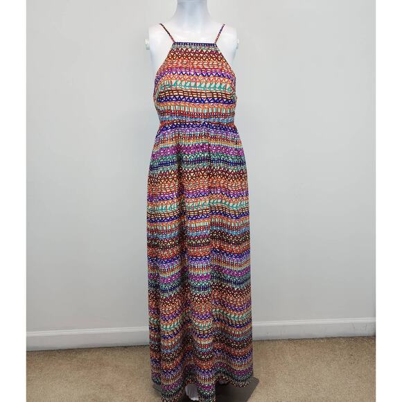 CeCe Cynthia Steffe Geo Maxi Dress Size 2 Sleeveless Crepe De Chine Travel Vaca - Picture 1 of 16
